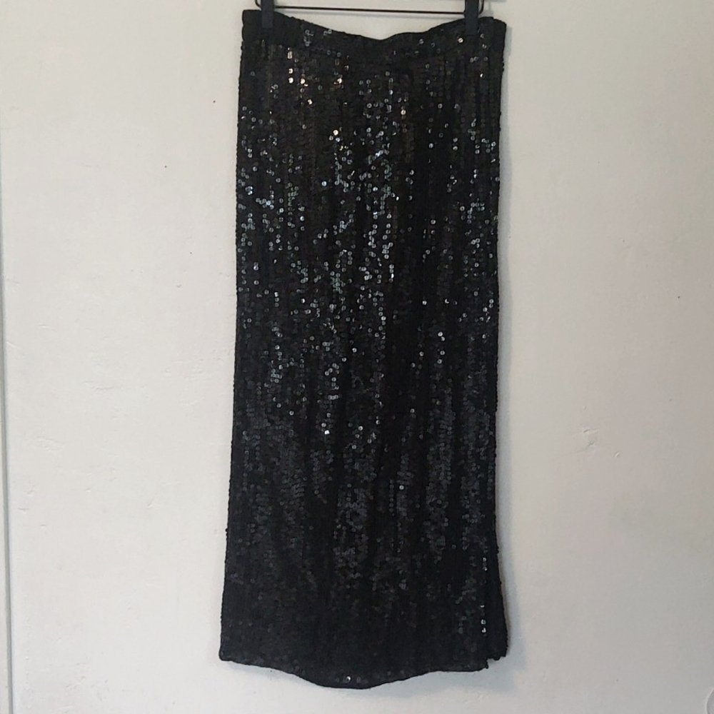 Vintage O.R. Silk Fashion L.T.D 100% Silk Black Sequin Maxi Skirt sz Small women